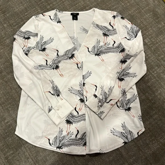 Ann Taylor Factory Flying Cranes V-neck Long-Sleeve Blouse, Size LP - Picture 10 of 10